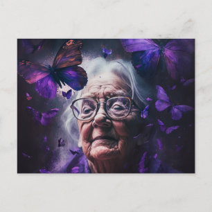 Carte Postale Femme âgée et papillons pourpres