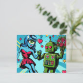 Carte Postale Femme Alien bleue et robot vert (Debout devant)