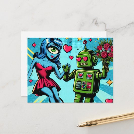 Carte Postale Femme Alien bleue et robot vert (Devant/Arrière en situation)