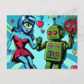 Carte Postale Femme Alien bleue et robot vert (Devant)