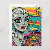 Carte Postale Femme Alien en argent et robot arc-en-ciel en amou (Devant / Derrière)
