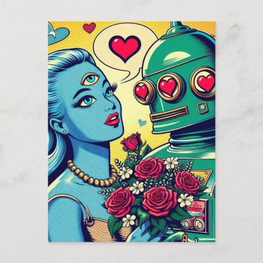 Carte Postale Femme Alien et robot dans Love Retro Comic (Devant)