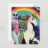 Carte Postale Femme Alien et robot vert amoureux de la licorne (Devant / Derrière)