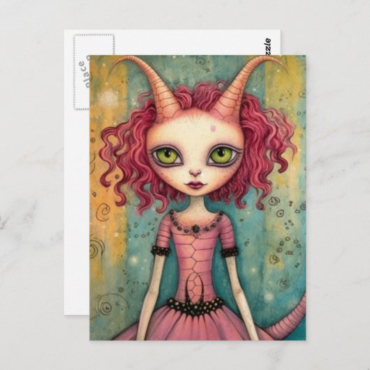 Carte Postale Femme alien rose fantaisie en techniques mixtes (Devant / Derrière)