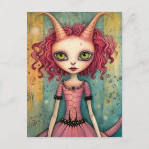 Carte Postale Femme alien rose fantaisie en techniques mixtes