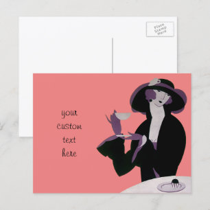 Carte Postale Femme Art Déco Vintage, Thé de l'après-midi et Cup