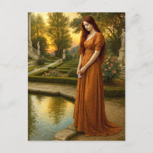 Carte Postale Femme au bord d'un étang de jardin au coucher du s