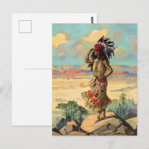 Carte Postale Femme Autochtone Américaine Vintage avec Coiffe Ar