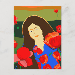 Carte Postale Femme aux cheveux longs marchant dans le champ de