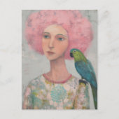 Carte Postale Femme aux cheveux roses et un oiseau (Devant)