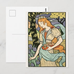 Carte Postale Femme aux Cheveux Rouges Cueille des Fleurs Art No