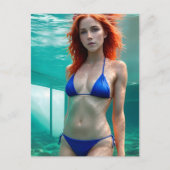Carte Postale Femme aux cheveux rouges dans un bikini bleu (Devant)