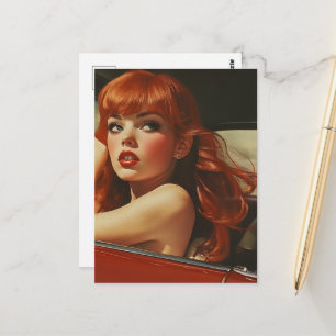 Carte Postale Femme aux cheveux roux dans une voiture rouge