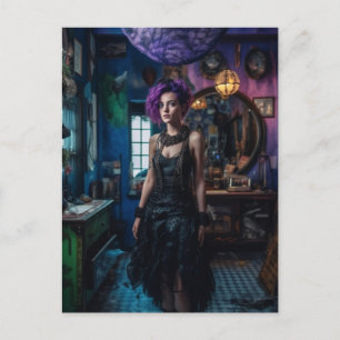 Carte Postale Femme aux cheveux violets dans le magasin de costu