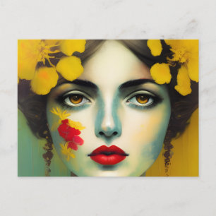 Carte Postale Femme Aux Fleurs Jaunes