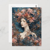 Carte Postale Femme aux fleurs roses Collage médiatique mixte (Devant / Derrière)