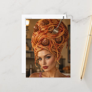 Carte Postale Femme avec cheveux de Spaghetti et Boulettes de Vi