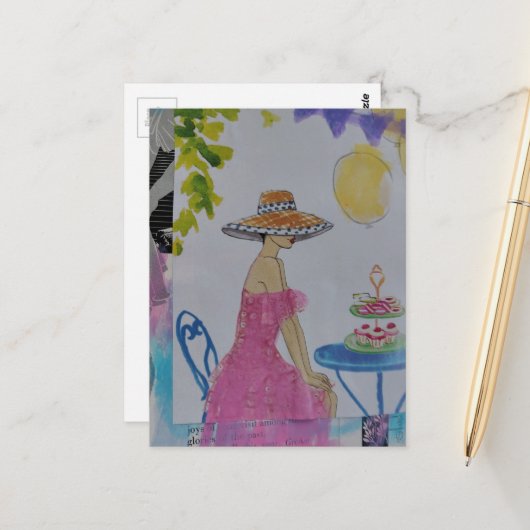 Carte Postale Femme avec collage de cupcakes (Devant/Arrière en situation)