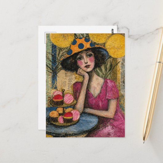 Carte Postale Femme avec collage de dessert (Devant/Arrière en situation)