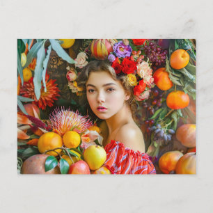 Carte Postale Femme avec des fruits mélangés et décoration flora