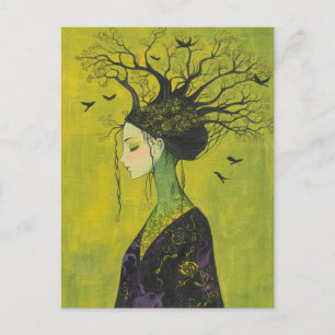 Carte Postale Femme avec des oiseaux et des arbres sur la tête