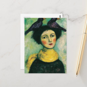 Carte Postale Femme avec des oiseaux sur la tête