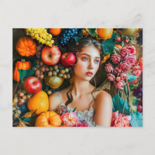 Carte Postale Femme avec des raisins et une composition florale