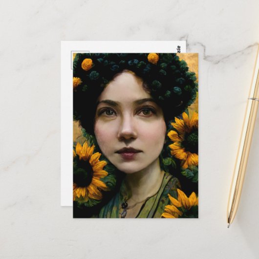 Carte Postale Femme avec des tournesols (Devant/Arrière en situation)