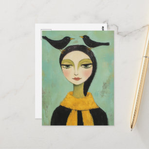 Carte Postale Femme avec deux oiseaux noirs