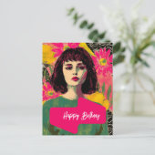 Carte Postale Femme Avec Fleurs Joyeux Anniversaire (Debout devant)