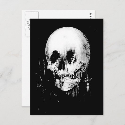 Carte Postale Femme avec Halloween Réflexion crâne en miroir (Devant / Derrière)