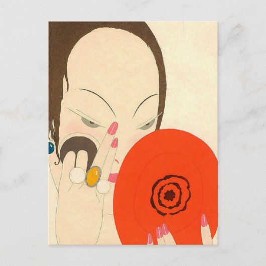Carte Postale FEMME AVEC MIROIR ROUGE Déco Beauté Maquillage mod (Devant)