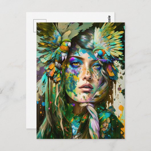 Carte Postale Femme avec perroquet, poste (Devant / Derrière)