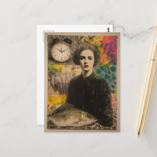Carte Postale Femme avec poisson collage médiatique mixte