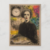Carte Postale Femme avec poisson collage médiatique mixte (Devant)
