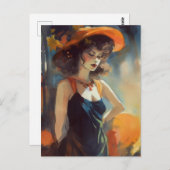 Carte Postale Femme Avec Robe Noire Avec Lanières Orange (Devant / Derrière)