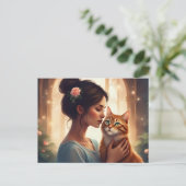 Carte Postale Femme avec son chat orange (Debout devant)
