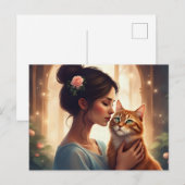 Carte Postale Femme avec son chat orange (Devant / Derrière)