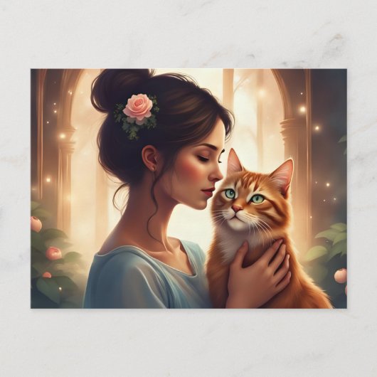 Carte Postale Femme avec son chat orange (Devant)