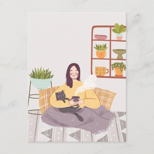Carte Postale Femme avec un café et un chat à la maison (Devant)
