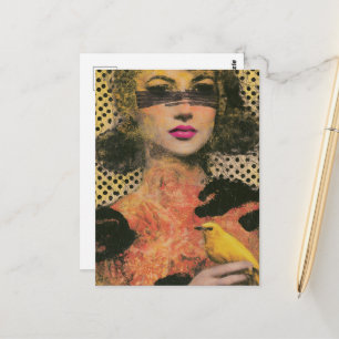 Carte Postale Femme avec un oiseau jaune