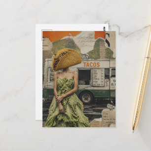 Carte Postale Femme avec un taco pour tête et robe en laitue