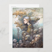 Carte Postale Femme & Bâtiment Avec Têtes Surreal Art (Devant / Derrière)