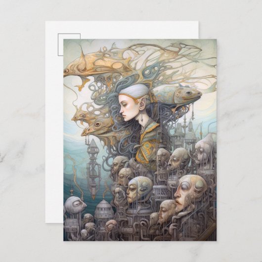 Carte Postale Femme & Bâtiment Avec Têtes Surreal Art (Devant / Derrière)