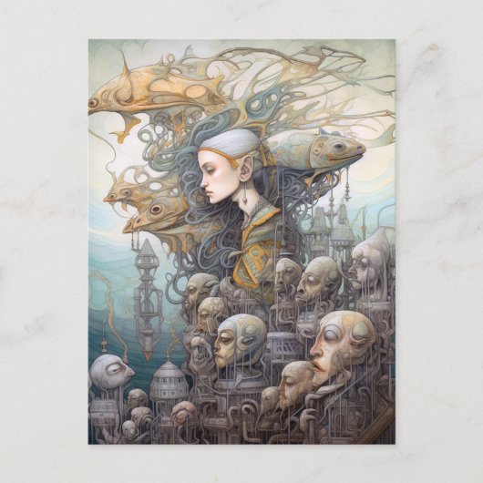 Carte Postale Femme & Bâtiment Avec Têtes Surreal Art (Devant)