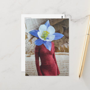 Carte Postale Femme Belle avec Collage de Tête de Fleur