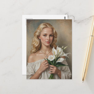 Carte Postale Femme blonde avec collier de croix et fleurs