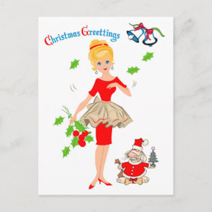 Carte Postale Femme blonde en robe rouge et chien de Noël, vacan