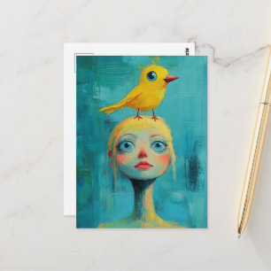 Carte Postale Femme blonde fantaisiste avec oiseau jaune sur la