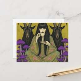 Carte Postale Femme boit du thé avec deux chèvres noires